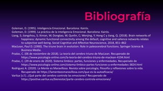 Goleman, D. (1995). Inteligencia Emocional. Barcelona: Kairós.
Goleman, D. (1999). La práctica de la Inteligencia Emocional. Barcelona: Kairós.
Liang, S; Jiangzhou, S; Xinran, W; Dongtao, W; Qunlin, C; Wenjing, Y; Hong C y Jiang, Q. (2018). Brain networks of
happiness: dynamic functional connectivity among the default, cognitive and salience networks relates
to subjective well-being. Social Cognitive and Affective Neuroscience, 2018, 851–862
MacLean, Paul D. (1990). The triune brain in evolution: Role in paleocerebral functions. Springer Science &
Business Media.
Pradas, C. (06 de noviembre de 2018). La teoría del cerebro triuno de MacLean. Recuperado de
https://www.psicologia-online.com/la-teoria-del-cerebro-triuno-de-maclean-4194.html
Pradas, C. (29 de enero de 2020). Sistema límbico: partes, funciones y enfermedades. Recuperado de
https://www.psicologia-online.com/sistema-limbico-partes-funciones-y-enfermedades-3824.html
Rodriguez A. (2020). La Mente es Maravillosa. Revista sobre psicología, filosofía y reflexiones sobre la vida.
Recuperado de https://lamenteesmaravillosa.com/que-es-la-autoeficacia/
Varilux (s.f.). ¿Qué parte del cerebro controla las emociones? Recuperado de
https://positive.varilux.es/bienestar/parte-cerebro-controla-emociones/
Bibliografía
 