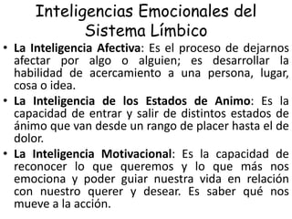 Inteligencias Emocionales del
Sistema Límbico

• La Inteligencia Afectiva: Es el proceso de dejarnos
afectar por algo o alguien; es desarrollar la
habilidad de acercamiento a una persona, lugar,
cosa o idea.
• La Inteligencia de los Estados de Animo: Es la
capacidad de entrar y salir de distintos estados de
ánimo que van desde un rango de placer hasta el de
dolor.
• La Inteligencia Motivacional: Es la capacidad de
reconocer lo que queremos y lo que más nos
emociona y poder guiar nuestra vida en relación
con nuestro querer y desear. Es saber qué nos
mueve a la acción.

 
