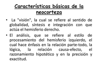 Características básicas de la
neocorteza
• La "visión", la cual se refiere al sentido de
globalidad, síntesis e integración con que
actúa el hemisferio derecho.
• El análisis, que se refiere al estilo de
procesamiento del hemisferio izquierdo, el
cual hace énfasis en la relación parte-todo, la
lógica,
la
relación
causa-efecto,
el
razonamiento hipotético y en la precisión y
exactitud.

 