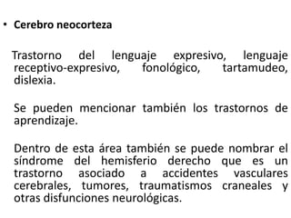 • Cerebro neocorteza

Trastorno del lenguaje expresivo, lenguaje
receptivo-expresivo,
fonológico,
tartamudeo,
dislexia.
Se pueden mencionar también los trastornos de
aprendizaje.
Dentro de esta área también se puede nombrar el
síndrome del hemisferio derecho que es un
trastorno asociado a accidentes vasculares
cerebrales, tumores, traumatismos craneales y
otras disfunciones neurológicas.

 