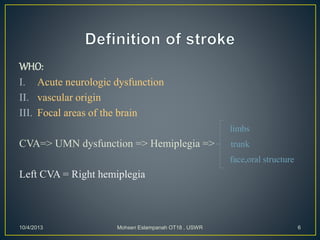 WHO:
I. Acute neurologic dysfunction
II. vascular origin
III. Focal areas of the brain
limbs
CVA=> UMN dysfunction => Hemiplegia => trunk
face,oral structure
Left CVA = Right hemiplegia
10/4/2013 Mohsen Eslampanah OT18 , USWR 6
 