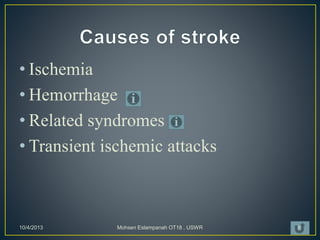 • Ischemia
• Hemorrhage
• Related syndromes
• Transient ischemic attacks
10/4/2013 Mohsen Eslampanah OT18 , USWR 8
 