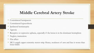 Middle Cerebral Artery Stroke
• Contralateral hemiparesis
• Contralateral hypoesthesia
• Ipsilateral hemianopsia
• Agnosia
• Receptive or expressive aphasia, especially if the lesion is in the dominant hemisphere
• Neglect, inattention.
• Flat affect
• MCA supply upper extremity motor strip. Hence, weakness of arm and face is worse than
lower limbs
 