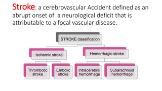 Stroke: a cerebrovascular Accident defined as an
abrupt onset of a neurological deficit that is
attributable to a focal vascular disease.
STROKE classification
Ischemic stroke
Thrombotic
stroke
Embolic
stroke
Hemorrhagic stroke
Intracerebral
hemorrhage
Subarachnoid
hemorrhage
 