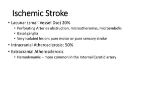 Ischemic Stroke
• Lacunar (small Vessel Dse) 20%
• Perforating Arteries obstruction, microatheromas, microembolis
• Basal ganglia
• Very isolated lesion: pure motor or pure sensory stroke
• Intracranial Atherosclerosis: 50%
• Extracranial Atherosclerosis
• Hemodynamic – more common in the Internal Carotid artery
 