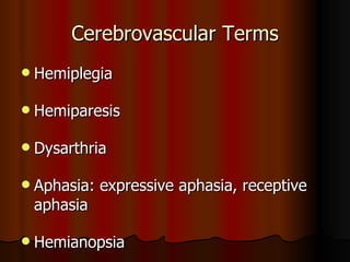 Cerebrovascular Terms Hemiplegia Hemiparesis  Dysarthria Aphasia: expressive aphasia, receptive aphasia Hemianopsia 