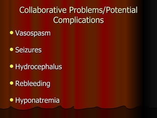 Collaborative Problems/Potential Complications Vasospasm Seizures Hydrocephalus  Rebleeding Hyponatremia 
