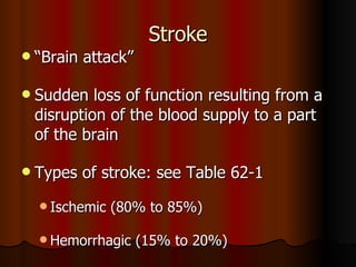 Stroke “ Brain attack” Sudden loss of function resulting from a disruption of the blood supply to a part of the brain Types of stroke: see Table 62-1 Ischemic (80% to 85%)  Hemorrhagic (15% to 20%) 