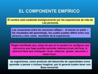 EL COMPONENTE EMPÍRICO
El cerebro está modelado biológicamente por las experiencias de vida de
                             Las personas.

   Las conexiones entre las neuronas reflejan - al menos en parte –
   los resultados del aprendizaje, los cuales pueden diferir entre una
   persona y otra, como resultado de la experiencia.


   Piaget manifiesta que, antes de que en el cerebro se configure una
    estructura que haga posible aprender abstracciones teóricas, la
    persona tiene que manipular, tocar, observar, gustar, escuchar y
                              hasta intuir.

 Las cogniciones, como producto del desarrollo de capacidades como
 aprender a pensar o incluso imaginar, por lo general suelen tener una
                           Base sensorial.
 