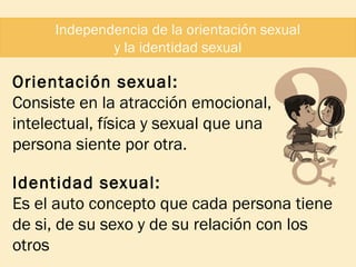Independencia de la orientación sexual
y la identidad sexual

Orientación sexual:
Consiste en la atracción emocional,
intelectual, física y sexual que una
persona siente por otra.
Identidad sexual:
Es el auto concepto que cada persona tiene
de si, de su sexo y de su relación con los
otros

 