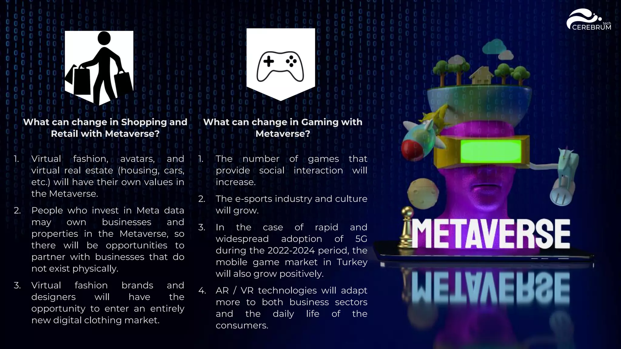 What can change in Shopping and
Retail with Metaverse?
1. The number of games that
provide social interaction will
increase.
2. The e-sports industry and culture
will grow.
3. In the case of rapid and
widespread adoption of 5G
during the 2022-2024 period, the
mobile game market in Turkey
will also grow positively.
4. AR / VR technologies will adapt
more to both business sectors
and the daily life of the
consumers.
What can change in Gaming with
Metaverse?
1. Virtual fashion, avatars, and
virtual real estate (housing, cars,
etc.) will have their own values in
the Metaverse.
2. People who invest in Meta data
may own businesses and
properties in the Metaverse, so
there will be opportunities to
partner with businesses that do
not exist physically.
3. Virtual fashion brands and
designers will have the
opportunity to enter an entirely
new digital clothing market.
 