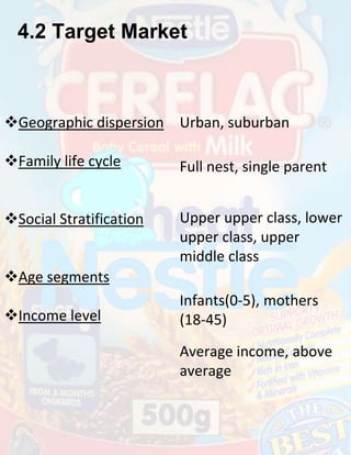 4.2 Target Market

Geographic dispersion Urban, suburban
Family life cycle

Full nest, single parent

Social Stratification

Upper upper class, lower
upper class, upper
middle class

Age segments
Income level

Infants(0-5), mothers
(18-45)
Average income, above
average

 