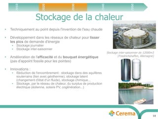 14
Stockage de la chaleur2010
2020
2030
2040
2050
Stockage inter-saisonnier de 12000m3
(Friedrichshaffen, Allemagne)
● Techniquement au point depuis l'invention de l'eau chaude
● Développement dans les réseaux de chaleur pour lisser
les pics de demande d'énergie
● Stockage journalier
● Stockage inter-saisonnier
● Amélioration de l'efficacité et du bouquet énergétique
(pas d'appoint fossile pour les pointes)
● Innovations :
● Réduction de l'encombrement : stockage dans des aquifères
souterrains (lien avec géothermie), stockage latent
(changement d'état d'un fluide), stockage chimique...
● Stockage, par le réseau de chaleur, du surplus de production
électrique (éolienne, solaire PV, cogénération...)
 