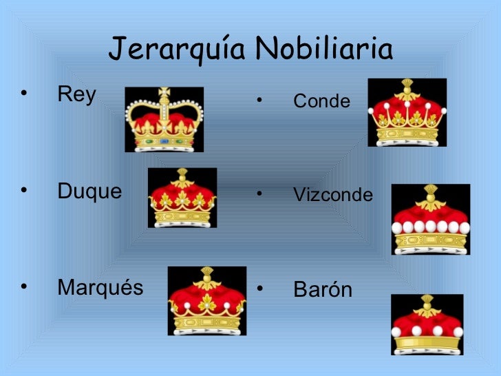 Jerarquía Nobiliaria <ul><li>Rey </li></ul><ul><li>Duque </li></ul><ul><li>Marqués </li></ul><ul><li>Conde </li></ul><ul><...