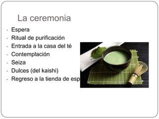 Historia de la ceremonia del téMuromachiLa arquitectura japonesa vivió una transformación pasando del estilo formal usado en el Heian, hasta un estilo simplificado usado por los Samurái. Luego se paso de éste estilo al estilo Shoin, el cual usa elementos de la arquitectura de los templos. Para la ceremonia del té algunos elementos Shoin fueron adoptados: Tokonoma,  el par de estantes o Chigaidana, y el piso de tatami.MurataShukou: “padre” del ChanoyuSe popularizó la ceremonia del téSe empiezan a celebrar en cuartos mas pequeños (kakoi)Uno de los mejores diseñadores de estos cuartos fue MurataShukou