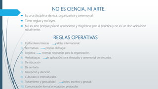 NO ES CIENCIA, NI ARTE.
 Es una disciplina técnica, organizativa y ceremonial.
 Tiene reglas y no leyes.
 No es arte porque puede aprenderse y mejorarse por la practica y no es un don adquirido
natalmente.
1) Protocolares básicas validez internacional.
2) Normativas propias del lugar.
3) Logística normas necesarias para la organización.
4) Vexilológicas de aplicación para el estudio y ceremonial de símbolos.
5) De ubicación
6) De sentada
7) Recepción y atención.
8) Culturales e interculturales.
9) Tratamiento y gestualidad orales, escritos y gestual.
10) Comunicación formal o redacción protocolar.
REGLAS OPERATIVAS
 
