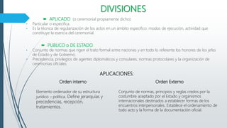 DIVISIONES
 APLICADO (o ceremonial propiamente dicho).
• Particular o especifica.
• Es la técnica de regularización de los actos en un ámbito especifico: modos de ejecución, actividad que
constituye la esencia del ceremonial.
 PUBLICO o DE ESTADO.
• Conjunto de normas que rigen el trato formal entre naciones y en todo lo referente los honores de los jefes
de Estado y de Gobierno.
• Precedencia, privilegios de agentes diplomáticos y consulares, normas protocolares y la organización de
ceremonias oficiales.
Orden interno
Elemento ordenador de su estructura
jurídico – política. Define jerarquías y
precedencias, recepción,
tratamientos.
Orden Externo
Conjunto de normas, principios y reglas credos por la
costumbre aceptado por el Estado y organismos
internacionales destinados a establecer formas de los
encuentros interpersonales. Establece el ordenamiento de
todo acto y la forma de la documentación oficial.
APLICACIONES:
 