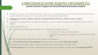 3-PRECEDENCIA ENTRE AGENTES DIPLOMATICOS.
Durante el primer Congreso de Viena 1815 parte la estructura moderna.
 Se realiza en Austria, con el objetivo de prevenir los roces y enfrentamientos que se producían por la pretensión de
ocupar precedencias según los criterios personales de los agentes diplomáticos.
 Participaron: AUSTRIA, ESPAÑA, FRANCIA, GRAN BRETAÑA, PORTUGAL, PRUSIA, RUSIA Y SUECIA.
 Acudieron los representantes de monarcas europeos y en el se sentaron las bases de la igualdad jurídica entre los
Estados.
 Llegaron al acuerdo que
A)- Los funcionarios diplomáticos se dividen en embajadores, legados y nuncios.
• Enviados y ministros cerca del soberano.
• Encargados de negocios acreditados cerca de los ministros de
RR.EE.
B)- Solo los funcionarios diplomáticos tiene carácter representativo.
C)- Los funcionarios de la misma categoría tiene precedencia entre si por orden de su legada.
D- El reglamento no hace ninguna innovación relativa a los representantes del Santo Padre.
E- Para la recepción de funcionarios diplomáticos de toda clase se adoptara, en las cortes, una etiqueta uniforme
 