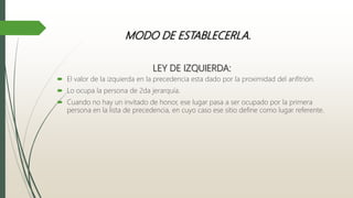 LEY DE IZQUIERDA:
 El valor de la izquierda en la precedencia esta dado por la proximidad del anfitrión.
 Lo ocupa la persona de 2da jerarquía.
 Cuando no hay un invitado de honor, ese lugar pasa a ser ocupado por la primera
persona en la lista de precedencia, en cuyo caso ese sitio define como lugar referente.
MODO DE ESTABLECERLA.
 