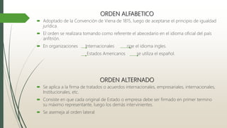 ORDEN ALFABETICO
 Adoptado de la Convención de Viena de 1815, luego de aceptarse el principio de igualdad
jurídica.
 El orden se realizara tomando como referente el abecedario en el idioma oficial del país
anfitrión.
 En organizaciones Internacionales rige el idioma ingles.
Estados Americanos se utiliza el español.
ORDEN ALTERNADO
 Se aplica a la firma de tratados o acuerdos internacionales, empresariales, internacionales,
Institucionales, etc.
 Consiste en que cada original de Estado o empresa debe ser firmado en primer termino
su máximo representante, luego los demás intervinientes.
 Se asemeja al orden lateral
 