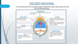 ESCUDO NACIONAL
El 22 de Febrero de 1813, la Asamblea acepto oficialmente el sello y fijó la fecha como DIA
DEL ESCUDO NACIONAL.
EL OVALO:
Asociada al uso eclesiástico y se
remonta al concepto medieval de la
perfección.
-Dividido en dos cuarteles blanco y
celeste haciendo referencia a los
colores argentinos.
SOL MERIDIANO:
Con 21 rayos que simbolizan el nacimiento de la
nueva nación
LAURELES:
Se asocia a la gloria y
protección
MANOS DIESTRAS:
Enlazadas en un apretón de
manos, simbolizan la unión de
los pueblos de las Provincias
Unidas.
GORRO FRIGIO:
Sostenido por la pica, es
emblema de libertad
PICA:
Simboliza la disposición a
defender lo propio, aun por la
fuerza.
 