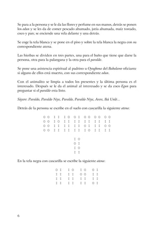 6
Se para a la persona y se le da las flores y perfume en sus manos, detrás se ponen
los odun y se les da de comer pescado ahumado, jutía ahumada, maíz tostado,
coco y pan; se enciende una vela delante y una detrás.
Se coge la tela blanca y se pone en el piso y sobre la tela blanca la negra con su
correspondiente atena.
Las hierbas se dividen en tres partes, una para el baño que tiene que darse la
persona, otra para la palangana y la otra para el paraldo.
Se pone una asistencia espiritual al padrino u Oyugbona del Babalawo oficiante
si alguno de ellos está muerto, con sus correspondiente odun.
Con el animalito se limpia a todos los presentes y la última persona es el
interesado. Después se le da el animal al interesado y se da coco Egun para
preguntar si el paraldo esta listo.
Súyere: Paraldo, Paraldo Niye, Paraldo, Paraldo Niye, Arere, Ikú Unló...
Detrás de la persona se escribe en el suelo con cascarilla la siguiente atena:
O O I I I O O I O O O O O O
O O I O I I I I I I I I I I
O O I I I I I I O I I I O O
O O I I I I I I I O I I I I
I O
O I
I O
I I
En la tela negra con cascarilla se escribe la siguiente atena:
O I I O I O O I
I I I I O O I I
I I I I I I I I
I I I I I I O I
 