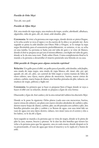 39
Paraldo de Oshe Meyi
Tres obí, tres eyelé.
Paraldo de Ofun Meyi
Etú, una muda de ropa negra, una muñeca de trapo, azufre, aberikunló, albahaca,
algarrobo, rabo de gato, obí, otí, itaná, ashó dundún, efún.
Ceremonia: Se viste a la persona con ropa negra, donde detrás se pinta Oragun,
se le echa azufre se reza el signo y se da cuenta de la obra y se prende iná. Acto
seguido se pinta la ashó dundún con Otura Niko y Oragun, se le rompe la ropa
negra llevándola para el cementerio preferiblemente, se entierra, si no, se echa
en una tumba. La persona se baña con ewé rabo de gato y se viste de blanco,
donde el Awó se prepara un ayé con el mismo ebbomisi, con bogbo ewé rabo de gato,
donde se le da una rana toro. Todo sobre Osain. Como complemento final se le
manda a la persona a desarrollar el muerto poniendo una bóveda en su casa.
Ebbó paraldo de Oragun para alguna enviación espiritual
Relación: Un gallo para el ebbó, un pollo para el paraldo, ashó dundún, ashó funfún,
una muda de ropa negra, una muda de ropa blanca, obí, itaná, ekú, eyá, epó,
aguadó, otí, oñí, orí, efún, un carretel de hilo negro y varios tramos de hilos de
otros colores, una tijera, nueve platos de menestras, harina, nueve cintas de
colores, carbón, nueve hojas de álamo, dos botellas pintadas de efún, tabacos, un
muñeco de trapo, pólvora y bogbo ewé.
Ceremonia: Lo primero que se hace es preparar bien el lugar donde se vaya a
hacer el ebbó con su relación, donde se prepara a Egun de esta forma:
Otuaraniko y Egun de Awó caídos y de la otra mitad del tablero los dieciséis Meyi.
Donde se le pone lo siguiente: Ocho platos (cada uno con menestras, harina,
nueve cintas de colores), un plato con nueve círculos alrededor de carbón y efún,
dentro nueve hojas de álamo, carbón, efún, un obí pintado con carbón y efún, dos
botellas pintadas con efún y carbón y se llenan de agua, con una itaná keke un
vaso de agua con una tijera dentro, tabaco, tres itaná (una en el centro y dos a
los lados), se le da obí a Egun.
Acto seguido se manda a la persona que se vista de negro, donde se le pinta de
efún la cara, manos, brazos y piernas. Se le dan las dos botellas que tienen las
velas a la persona para que las aguante, una en cada mano, donde después se le
va presentando, el vaso de agua que tiene el muerto y se le sopla otí y humo de
ashá.
 
