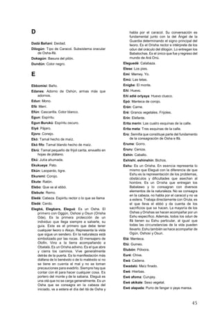 45
D
Dadá Bañani: Deidad.
Dilogún: Tipo de Caracol. Subsistema oracular
de Osha-Ifá.
Dokagún: Basura del pilón.
Dundún: Color negro.
E
Ebbomisi: Baño.
Edanes: Adorno de Oshún, armas más que
adornos.
Edun: Mono.
Efá: Maní.
Efún: Cascarilla. Color blanco.
Egun: Espíritu.
Egun Burukú: Espíritu oscuro.
Eiyé: Pájaro.
Ejoro: Conejo.
Ekó: Tamal hecho de maíz.
Ekó fifo: Tamal blando hecho de maíz.
Ekrú: Tamal pequeño de frijol carita, envuelto en
hojas de plátano.
Ekú: Jutía ahumada.
Ekukueye: Pato.
Ekún: Leopardo, tigre.
Ekuremi: Corojo.
Ekute: Ratón.
Elebo: Que va al ebbó.
Elebute: Remo.
Eledá: Cabeza. Espiritu rector o lo que se llama
Eledé: Cerdo.
Elegbá, Elegbara, Eleguá: Es un Osha. El
primero con Oggún, Oshosi y Osun (Orisha
Ode). Es la primera protección de un
individuo que llega siempre a salvarle, su
guía. Este es el primero que debe tener
cualquier Iworo o Aleyo. Representa la vista
que sigue un sendero. En la naturaleza está
simbolizado por las rocas. El mensajero de
Olofin. Vino a la tierra acompañando a
Obatalá. Es un Orisha adivino. Es el que abre
y cierra los caminos. Vive generalmente
detrás de la puerta. Es la manifestación más
diáfana de lo benévolo o de lo malévolo si no
se tiene en cuenta el mal y no se toman
precauciones para evadirlo. Siempre hay que
contar con él para hacer cualquier cosa. Es
portero del monte y de la sabana. Eleguá es
una otá que no se carga generalmente. Es un
Osha que se consagra en la cabeza del
iniciado, va a estera el día del itá de Osha y
habla por el caracol. Su conversación es
fundamental junto con la del Ángel de la
Guardia determinando el signo principal del
Iworo. Es el Orisha rector e intérprete de los
odun del oráculo del dilogún. Lo entregan los
Babalochas. Es el único que fue y regreso del
mundo de Ará Onú.
Eleguedé: Calabaza.
Elese: Los pies.
Emí: Mamey. Yo.
Emú: Las tetas.
Enigbe: El monte.
Eñí: Huevo.
Eñí adié oriyaya: Huevo clueco.
Epó: Manteca de corojo.
Erán: Carne.
Eré: Granos vegetales. Frijoles.
Erín: Elefante.
Erita merin: Las cuatro esquinas de la calle.
Erita meta: Tres esquinas de la calle.
Ero: Semilla que constituye parte del fundamento
de la consagración de Osha e Ifá.
Erume: Gorro.
Eruru: Ceniza.
Eshín: Caballo.
Eshishí, eshinshín: Bichos.
Eshu: Es un Orisha. En esencia representa lo
mismo que Eleguá con la diferencia de que
Eshu es la representación de los problemas,
obstáculos y dificultades que asechan al
hombre. Es un Orisha que entregan los
Babalawo y lo consagran con diversos
elementos de la naturaleza. No se consagra
en la cabeza, no habla por el caracol y no va
a estera. Trabaja directamente con Orula; es
el que lleva el ebbó y da cuenta de los
sacrificios que se hacen. La mayoría de los
Oshas y Orishas se hacen acompañar por un
Eshu específico. Además, todos los odun de
Ifá tienen su Eshu particular, al igual que
todas las circunstancias de la vida pueden
llevarlo. Eshu también se hace acompañar de
Ogún, Oshosi y Osun.
Etá: Manteca.
Etú: Guineo.
Etubón: Pólvora.
Euré: Chiva.
Ewá: Cadena.
Ewadalú: Maíz finado.
Ewé: Hierbas.
Ewé afoma: Curujey.
Ewé akikale: Seso vegetal.
Ewé alapada: Purio de fangar o yaya mansa.
 