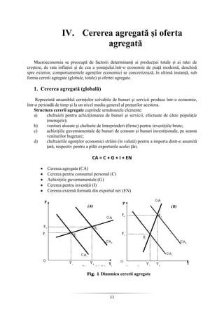 11
IV. Cererea agregată şi oferta
agregată
Macroeconomia se preocupă de factorii determinanţi ai producţiei totale şi ai ratei de
creştere, de rata inflaţiei şi de cea a şomajului.într-o economie de piaţă modernă, deschisă
spre exterior, comportamentele agenţilor economici se concretizează, în ultimă instanţă, sub
forma cererii agregate (globale, totale) şi ofertei agregate.
1. Cererea agregată (globală)
Reprezintă ansamblul cerinţelor solvabile de bunuri şi servicii produse într-o economie,
într-o perioadă de timp şi la un nivel mediu general al preţurilor acestora.
Structura cererii agregate cuprinde următoarele elemente:
a) cheltuieli pentru achiziţionarea de bunuri şi servicii, efectuate de către populaţie
(menajele);
b) venituri alocate şi cheltuite de întreprinderi (firme) pentru investiţiile brute;
c) achiziţiile guvernamentale de bunuri de consum şi bunuri investiţionale, pe seama
veniturilor bugetare;
d) cheltuielile agenţilor economici străini (în valută) pentru a importa dintr-o anumită
ţară, respectiv pentru a plăti exporturile acelei ţări.
CA = C + G + I + EN
Cererea agregata (CA)
Cererea pentru consumul personal (C)
Achiziţiile guvernamentale (G)
Cererea pentru investiţii (I)
Cererea externă formată din exportul net (EN)
Fig. 1 Dinamica cererii agregate
 