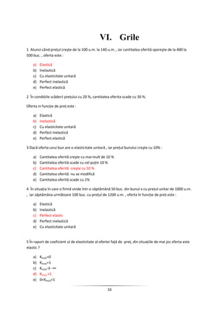 16
VI. Grile
1 Atunci când preţul creşte de la 100 u.m. la 140 u.m. , iar cantitatea oferită sporeşte de la 400 la
500 buc. , oferta este :
a) Elastică
b) Inelastică
c) Cu elasticitate unitară
d) Perfect inelastică
e) Perfect elastică
2 În condiţiile scăderii preţului cu 20 %, cantitatea oferita scade cu 30 %.
Oferta in funcţie de preţ este :
a) Elastică
b) Inelastică
c) Cu elasticitate unitară
d) Perfect inelastică
e) Perfect elastică
3 Dacă oferta unui bun are o elasticitate unitară , iar preţul bunului creşte cu 10% :
a) Cantitatea oferită creşte cu mai mult de 10 %
b) Cantitatea oferită scade cu cel puţin 10 %
c) Cantitatea oferită creşte cu 10 %
d) Cantitatea oferită nu se modifică
e) Cantitatea oferită scade cu 1%
4 În situaţia în care o firmă vinde într-o săptămână 50 buc. din bunul x cu preţul unitar de 1000 u.m.
, iar săptămâna următoare 100 buc. cu preţul de 1200 u.m. , oferta în funcţie de preţ este :
a) Elastică
b) Inelastică
c) Perfect elastic
d) Perfect inelastică
e) Cu elasticitate unitară
5 În raport de coeficient ul de elasticitate al ofertei faţă de preţ, din situaţiile de mai jos oferta este
elastic ?
a) Keo/p=0
b) Keo/p=1
c) Keo/p→ -∞
d) Keo/p >1
e) 0<Keo/p<1
 