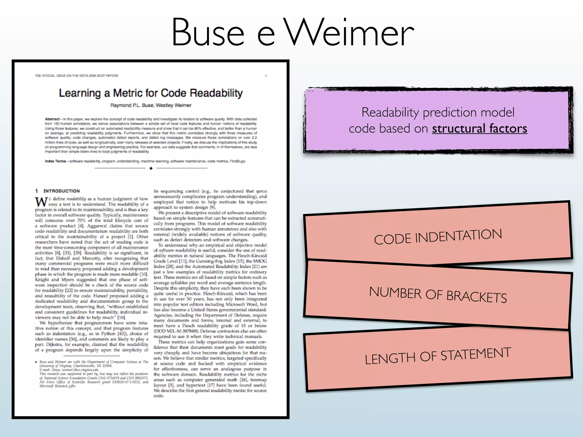 Buse e Weimer
Readability prediction model
code based on structural factors
CODE INDENTATION
LENGTH OF STATEMENT
NUMBER OF BRACKETS
 