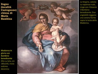 La Vergine, seduta
Zogno              su vaporose nubi,
(località          cinge con il braccio
Castegnone)        il Bambino
chiesa di          benedicente. Due
Maria              angioletti reggono
                   una corona fiorita
Bambina
                   sopra la testa della
                   Madonna.




Madonna in
gloria con
Bambino
benedicente
Olio su tela, cm
185x145, inizio
settimo
decennio
 