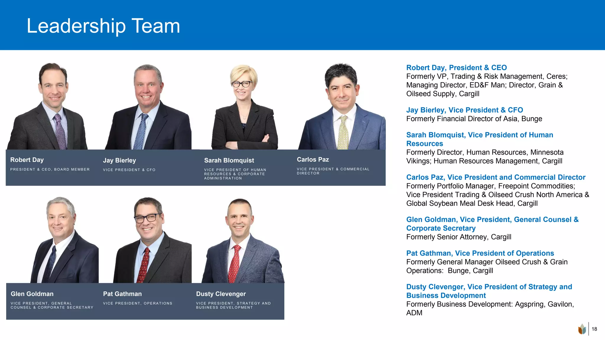 Leadership Team
18
Robert Day, President & CEO
Formerly VP, Trading & Risk Management, Ceres;
Managing Director, ED&F Man; Director, Grain &
Oilseed Supply, Cargill
Jay Bierley, Vice President & CFO
Formerly Financial Director of Asia, Bunge
Sarah Blomquist, Vice President of Human
Resources
Formerly Director, Human Resources, Minnesota
Vikings; Human Resources Management, Cargill
Carlos Paz, Vice President and Commercial Director
Formerly Portfolio Manager, Freepoint Commodities;
Vice President Trading & Oilseed Crush North America &
Global Soybean Meal Desk Head, Cargill
Glen Goldman, Vice President, General Counsel &
Corporate Secretary
Formerly Senior Attorney, Cargill
Pat Gathman, Vice President of Operations
Formerly General Manager Oilseed Crush & Grain
Operations: Bunge, Cargill
Dusty Clevenger, Vice President of Strategy and
Business Development
Formerly Business Development: Agspring, Gavilon,
ADM
Robert Day
P R E S I D E N T & C E O , B O A R D ME MB E R
Glen Goldman
V I C E P R E S I D E N T , G E N E R A L
C O U N S E L & C O R P O R A T E S E C R E T A R Y
Sarah Blomquist
V I C E P R E S I D E N T O F H U MA N
R E S O U R C E S & C O R P O R A T E
A D MI N I S T R A T I O N
Pat Gathman
V I C E P R E S I D E N T , O P E R A T I O N S
Dusty Clevenger
V I C E P R E S I D E N T , S T R A T E G Y A N D
B U S I N E S S D E V E L O P ME N T
Carlos Paz
V I C E P R E S I D E N T & C O MME R C I A L
D I R E C T O R
Jay Bierley
V I C E P R E S I D E N T & C F O
 