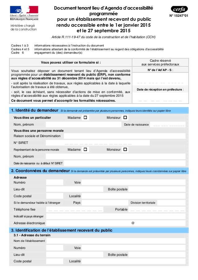 Cerfa n°15247 01 erp rendu accessible entre le 1er janvier