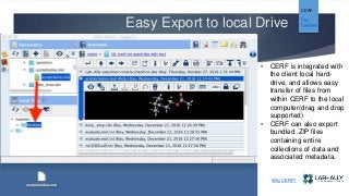 Easy Export to local Drive
• CERF is integrated with
the client local hard-
drive, and allows easy
transfer of files from
within CERF to the local
computer(drag and drop
supported)
• CERF can also export
bundled .ZIP files
containing entire
collections of data and
associated metadata.
CERF
Key
Features
Why CERF?
 