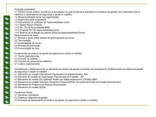 Produção sustentável 1.1 Cenário social, político, econômico e tecnológica no qual se discute a importância de sistema de gestão como alternativa para a melhoria no desempenho da segurança e saúde no trabalho. 1.2 Responsabilidade social nas organizações. 1.3 Desenvolvimento sustentável. 1.4 Instrumentos de avaliação da responsabilidade social. 1.4.1 Global Report Initiative. 1.4.2 SA – Social Accountability 8000. 1.4.3 Proposta ISO de responsabilidade social. 1.4.4 Sistema de avaliação do Instituto Ethos de Responsabilidade Social Gerenciamento de riscos 2.1 Normas e guias sobre sistema de gerenciamento de riscos 2.2 Terminologia. 2.3 Aceitabilidade de riscos. 2.4 Princípio da precaução 2.5 Comunicação de risco Fundamentos de sistema de gestão da segurança e saúde no trabalho. 3.1 Teoria organizacional. 3.2 Conceito de sistema. 3.3 Conceito de pensamento sistêmico. 3.1 Cultura organizacional. Semelhanças e diferenças entre os elementos do sistema de gestão presentes nas propostas de modelos atuais de sistema de gestão da segurança e saúde no trabalho. 4.1 Elementos do modelo International Organization for Standardization- ISO 4.2 Elemento do modelo da Organização Internacional do Trabalho - OIT 4.3 Elementos do modelo Occupational Health and Safety Assessment -OHSAS 18001. 4.4 Elementos do modelo Voluntary Prevention Program/OSHA –Occupational Safety and Health Administration. 4.5 Elementos do Programa de Atuação Responsável. 4.6 Elementos do modelo NOSA. Tendências Atuais. 5.1 Iniciativas voluntárias. 5.2 Sistemas integrados de gestão. 5.3 Avaliação do desempenho do sistema de gestão da segurança e saúde no trabalho. 