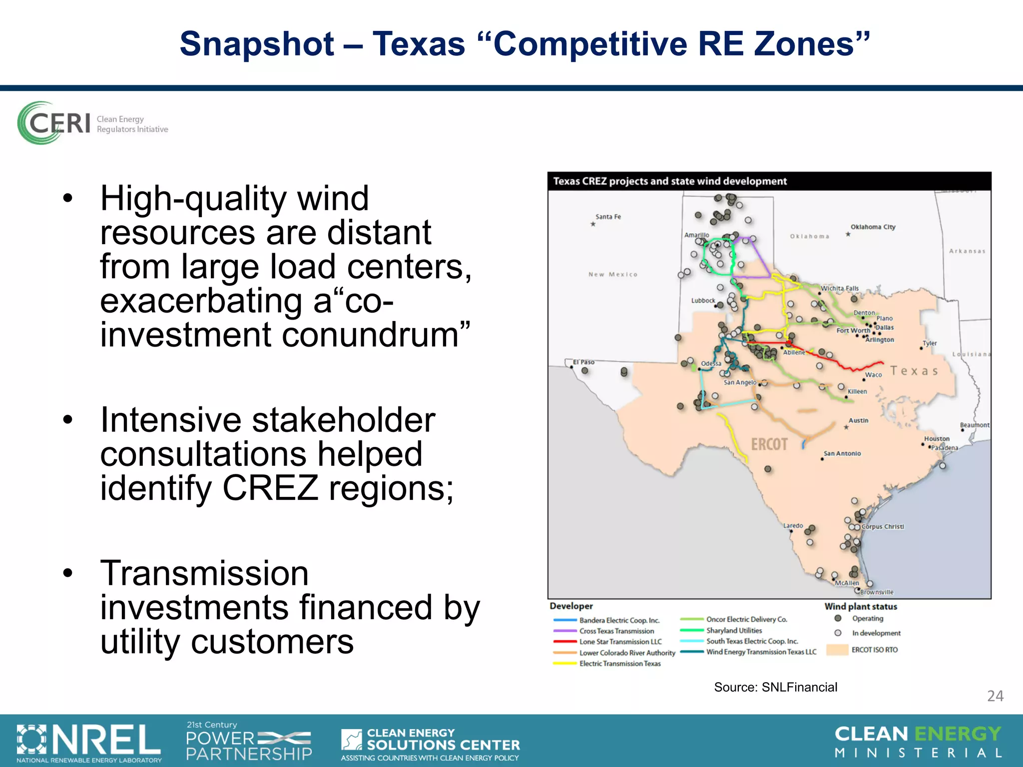 • High-quality wind
resources are distant
from large load centers,
exacerbating a“co-
investment conundrum”
• Intensive stakeholder
consultations helped
identify CREZ regions;
• Transmission
investments financed by
utility customers
Snapshot – Texas “Competitive RE Zones”
Source: SNLFinancial
24
 