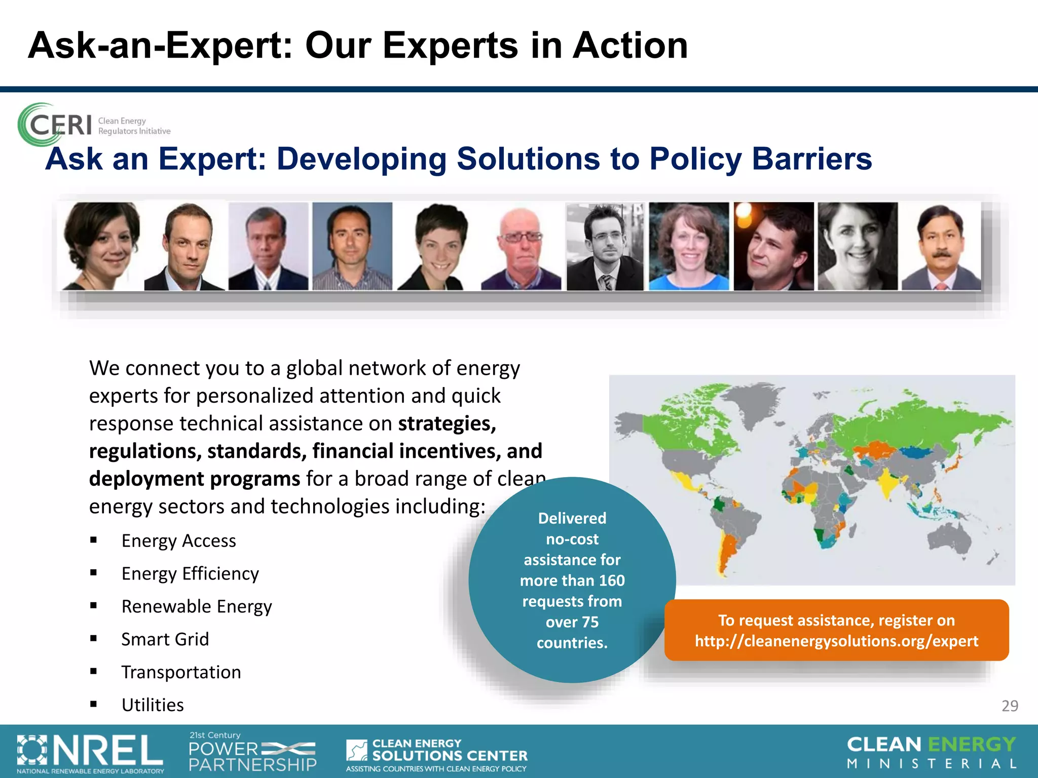 Ask an Expert: Developing Solutions to Policy Barriers
We connect you to a global network of energy
experts for personalized attention and quick
response technical assistance on strategies,
regulations, standards, financial incentives, and
deployment programs for a broad range of clean
energy sectors and technologies including:
 Energy Access
 Energy Efficiency
 Renewable Energy
 Smart Grid
 Transportation
 Utilities
Delivered
no-cost
assistance for
more than 160
requests from
over 75
countries.
To request assistance, register on
http://cleanenergysolutions.org/expert
Ask-an-Expert: Our Experts in Action
29
 
