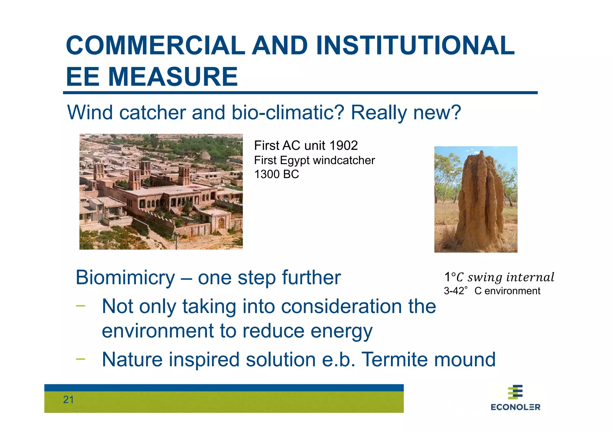 COMMERCIAL AND INSTITUTIONAL 
EE MEASURE 
Wind catcher and bio-climatic? Really new? 
21 
Biomimicry – one step further 
- Not only taking into consideration the 
environment to reduce energy 
- Nature inspired solution e.b. Termite mound 
1°ܥ ݏݓ݅݊݃ ݅݊ݐ݁ݎ݈݊ܽ 
3-42°C environment 
First AC unit 1902 
First Egypt windcatcher 
1300 BC 
 