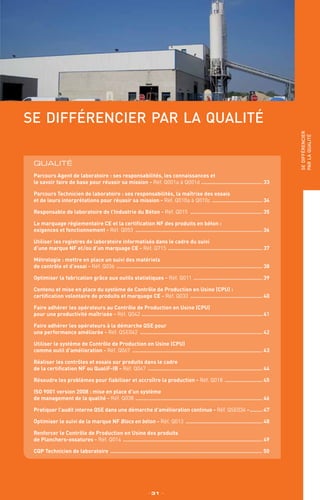 se différencier par la qualité
QUALITÉ
Parcours Agent de laboratoire : ses responsabilités, les connaissances et
le savoir faire de base pour réussir sa mission - Réf. Q001a à Q001d ........................................ 33
Parcours Technicien de laboratoire : ses responsabilités, la maîtrise des essais
et de leurs interprétations pour réussir sa mission - Réf. Q010a à Q010c ................................. 34
Responsable de laboratoire de l’Industrie du Béton - Réf. Q015 ............................................... 35
Le marquage réglementaire CE et la certification NF des produits en béton :
exigences et fonctionnement - Réf. Q053 .................................................................................. 36
Utiliser les registres de laboratoire informatisés dans le cadre du suivi
d’une marque NF et/ou d’un marquage CE - Réf. Q715 ............................................................. 37
Métrologie : mettre en place un suivi des matériels
de contrôle et d’essai - Réf. Q036 .............................................................................................. 38
Optimiser la fabrication grâce aux outils statistiques - Réf. Q011 ............................................. 39
Contenu et mise en place du système de Contrôle de Production en Usine (CPU) :
certification volontaire de produits et marquage CE - Réf. Q033 ............................................... 40
Faire adhérer les opérateurs au Contrôle de Production en Usine (CPU)
pour une productivité maîtrisée - Réf. Q042 .............................................................................. 41
Faire adhérer les opérateurs à la démarche QSE pour
une performance améliorée - Réf. QSE042 ............................................................................... 42
Utiliser le système de Contrôle de Production en Usine (CPU)
comme outil d’amélioration - Réf. Q067 .................................................................................... 43
Réaliser les contrôles et essais sur produits dans le cadre
de la certification NF ou QualiF-IB - Réf. Q047 .......................................................................... 44
Résoudre les problèmes pour fiabiliser et accroître la production - Réf. Q018 ......................... 45
ISO 9001 version 2008 : mise en place d’un système
de management de la qualité - Réf. Q038 .................................................................................. 46
Pratiquer l’audit interne QSE dans une démarche d’amélioration continue - Réf. QSE034 -......... 47
Optimiser le suivi de la marque NF Blocs en béton - Réf. Q013 .................................................. 48
Renforcer le Contrôle de Production en Usine des produits
de Planchers-ossatures - Réf. Q014 .......................................................................................... 49
CQP Technicien de laboratoire .................................................................................................. 50
_ 31 _
sedifférencier
parlaqualité
 