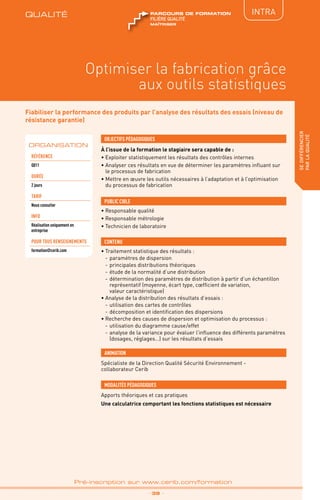 QUALITÉ
TPtravaux
pratiques
IntRA
sedifférencier
parlaqualité
_ 39 _
Pré-inscription sur www.cerib.com/formation
Optimiser la fabrication grâce
aux outils statistiques
Fiabiliser la performance des produits par l’analyse des résultats des essais (niveau de
résistance garantie)
À l’issue de la formation le stagiaire sera capable de :
• Exploiter statistiquement les résultats des contrôles internes
• Analyser ces résultats en vue de déterminer les paramètres influant sur
le processus de fabrication
• Mettre en œuvre les outils nécessaires à l’adaptation et à l’optimisation
du processus de fabrication
OBJECTIFS PÉDAGOGIQUES
•	Responsable qualité
•	Responsable métrologie
•	Technicien de laboratoire
PUBLIC CIBLE
CONTENU
•	Traitement statistique des résultats :
-	paramètres de dispersion
-	principales distributions théoriques
-	étude de la normalité d’une distribution
-	détermination des paramètres de distribution à partir d’un échantillon
représentatif (moyenne, écart type, cœfficient de variation,
valeur caractéristique)
•	Analyse de la distribution des résultats d’essais :
-	utilisation des cartes de contrôles
-	décomposition et identification des dispersions
•	Recherche des causes de dispersion et optimisation du processus :
-	utilisation du diagramme cause/effet
-	analyse de la variance pour évaluer l’influence des différents paramètres
(dosages, réglages…) sur les résultats d’essais
ORGANISATION
Spécialiste de la Direction Qualité Sécurité Environnement -
collaborateur Cerib
ANIMATION
MODALITÉS PÉDAGOGIQUES
Apports théoriques et cas pratiques
Une calculatrice comportant les fonctions statistiques est nécessaire
Référence
Q011
DURÉE
2 jours
Tarif
Nous consulter
INFO
Réalisation uniquement en
entreprise
POUR TOUs RENSEIGNEMENTs
formation@cerib.com
QUALITÉ
maîtriser
FILIÈRE QUALITÉ
parcours de formation
 