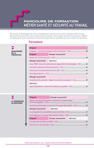 _ 52 _
Pré-inscription sur www.cerib.com/formation
Formations
La prévention
au quotidien
Dirigeant
Dirigeants : les clefs du management de la prévention – S050........................................58
Dirigeant Manager de proximité
Animer les ¼ d’heure sécurité – S055........................................................................... 68
Manager de proximité Opérateur
Acteur PRAP : Acteur de la prévention des risques liés à l’activité physique – S051.............65
Cycle APS : Animateur Prévention Sécurité – S260...................................................... 53
Panorama de l’actualité Santé Sécurité 2015 – S067................................................... 56
Cycle Relais Sécurité – S070......................................................................................... 57
Manager de proximité
Encadrement de proximité : intégrer la sécurité en production – S242........................ 59
Opérateur
Agent de production : prévenir les accidents au quotidien- S054................................. 60
Dirigeant Manager de proximité
Réaliser des plans de prévention conformes à la réglementation
et les faire appliquer – S053.......................................................................................... 67
Comment contractualiser et sécuriser le transport des produits – S081..................... 62
Manager de proximité Opérateur
La consignation d’une installation avant intervention – S064....................................... 61
L’arrimage pour le transport des produits en béton – S085.......................................... 63
Dirigeant Manager de proximité Opérateur
Formation des membres du CHSCT - S082................................................................... 64
Évacuation en cas d’incendie - S052.............................................................................. 66
Management
de la
prévention
Parce que le développement des compétences internes est un pilier indispensable à toute
démarche de prévention des risques professionnels, nous avons construit un parcours Métier
en adéquation avec les besoins essentiels exprimés au quotidien par les industriels du béton.
Métier santé et sécurité au travail
parcours de formation
 