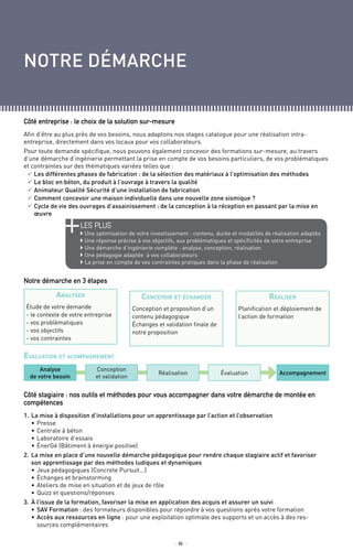 _ 6 _
Afin d’être au plus près de vos besoins, nous adaptons nos stages catalogue pour une réalisation intra-
entreprise, directement dans vos locaux pour vos collaborateurs.
Pour toute demande spécifique, nous pouvons également concevoir des formations sur-mesure, au travers
d’une démarche d’ingénierie permettant la prise en compte de vos besoins particuliers, de vos problématiques
et contraintes sur des thématiques variées telles que :
	Les différentes phases de fabrication : de la sélection des matériaux à l’optimisation des méthodes
	Le bloc en béton, du produit à l’ouvrage à travers la qualité
	Animateur Qualité Sécurité d’une installation de fabrication
	Comment concevoir une maison individuelle dans une nouvelle zone sismique ?
	Cycle de vie des ouvrages d’assainissement : de la conception à la réception en passant par la mise en
œuvre
1.	La mise à disposition d’installations pour un apprentissage par l’action et l’observation
	 •	Presse
	 •	Centrale à béton
	 •	Laboratoire d’essais
	 •	ÉnerGé (Bâtiment à énergie positive)
2.	La mise en place d’une nouvelle démarche pédagogique pour rendre chaque stagiaire actif et favoriser
son apprentissage par des méthodes ludiques et dynamiques
	 •	Jeux pédagogiques (Concrete Pursuit...)
	 •	Échanges et brainstorming
	 •	Ateliers de mise en situation et de jeux de rôle
	 •	Quizz et questions/réponses
3.	à l’issue de la formation, favoriser la mise en application des acquis et assurer un suivi
	 •	SAV Formation : des formateurs disponibles pour répondre à vos questions après votre formation
	 •	Accès aux ressources en ligne : pour une exploitation optimale des supports et un accès à des res-
sources complémentaires
côté entreprise : le choix de la solution sur-mesure
Notre démarche en 3 étapes
Côté stagiaire : nos outils et méthodes pour vous accompagner dans votre démarche de montée en
compétences
les PLUS
 Une optimisation de votre investissement : contenu, durée et modalités de réalisation adaptés
 Une réponse précise à vos objectifs, aux problématiques et spécificités de votre entreprise
 Une démarche d’ingénierie complète : analyse, conception, réalisation
 Une pédagogie adaptée à vos collaborateurs
 La prise en compte de vos contraintes pratiques dans la phase de réalisation
Analyse
de votre besoin
Conception
et validation
Réalisation Évaluation Accompagnement
Analyser
Étude de votre demande
- le contexte de votre entreprise
- vos problèmatiques
- vos objectifs
- vos contraintes
Concevoir et échanger
Conception et proposition d’un
contenu pédagogique
Échanges et validation finale de
notre proposition
Réaliser
Planification et déploiement de
l’action de formation
Évaluation et acompagnement
notre démarche
 