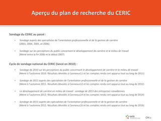 Sondage du CERIC au passé :
• Sondage auprès des spécialistes de l’orientation professionnelle et de la gestion de carrièr...