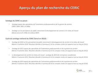 Sondage du CERIC au passé :
• Sondage auprès des spécialistes de l’orientation professionnelle et de la gestion de carrièr...