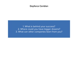 Dayforce Ceridian
1. What is behind your success?
2. Where could you have bigger dreams?
3. What can other companies learn from you?
 