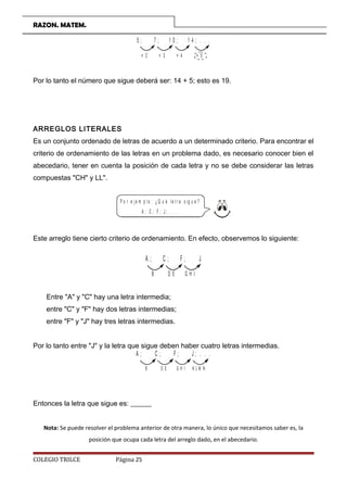RAZON. MATEM.
5 ; 7 ; 1 0 ; 1 4 ; . . .
+ 2 + 3 + 4 + 5
Por lo tanto el número que sigue deberá ser: 14 + 5; esto es 19.
ARREGLOS LITERALES
Es un conjunto ordenado de letras de acuerdo a un determinado criterio. Para encontrar el
criterio de ordenamiento de las letras en un problema dado, es necesario conocer bien el
abecedario, tener en cuenta la posición de cada letra y no se debe considerar las letras
compuestas CH y LL.
P o r e j e m p lo : ¿ Q u é le t r a s ig u e ?
A ; C ; F ; J ; . . .
Este arreglo tiene cierto criterio de ordenamiento. En efecto, observemos lo siguiente:
A ; C ; F ; J
B D E G H I
Entre A y C hay una letra intermedia;
entre C y F hay dos letras intermedias;
entre F y J hay tres letras intermedias.
Por lo tanto entre J y la letra que sigue deben haber cuatro letras intermedias.
A ; C ; F ; J ; . . .
B D E G H I K L M N
Entonces la letra que sigue es: ______
Nota: Se puede resolver el problema anterior de otra manera, lo único que necesitamos saber es, la
posición que ocupa cada letra del arreglo dado, en el abecedario.
COLEGIO TRILCE Página 25
 