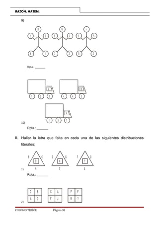 RAZON. MATEM.
9)
32
1 0
14
25
1 6
23
53
x
25
Rpta.: _______
10)
1 2 3
6
4 4 5
8 0
1 5 7
x
Rpta.: _______
II. Hallar la letra que falta en cada una de las siguientes distribuciones
literales:
1)
B C
A
D
D G
C
H
F D
E
?
Rpta.: _______
2)
D B
A G
C A
F J
F E
B ?
COLEGIO TRILCE Página 36
 