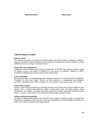48
Mesa Americana Mesa Russa
COMPORTAMENTO À MESA
Pode-se fumar?
Num almoço ou jantar, só acenda um cigarro depois que todos tiverem encerrado a refeição,
mesmo que esteja na ala de fumantes de um restaurante. E estando em casa de amigos ou outros
anfitriões, só fume se houver cinzeiros à mesa.
O que fazer com o espetinho?
Lembre-se: você não deverá usar mais de um espetinho. O correto é que, após ter levado o queijo
ou petisco à boca, você segure o espetinho ou, se houver um pratinho, coloque-o aí até o
momento de utilizá-lo de novo para servir-se de outra porção.
E se eu não bebo?
Em casa de amigos, se você não bebe, pode recusar drinques ou vinho explicando aos anfitriões:
"Obrigada (o), não tomo álcool". Porém, se forem garçons ou empregadas que estiverem
servindo, responda apenas: “Não, obrigada (o). E, ao recusar, nunca cubra o copo com a mão. ”.
Como tomar a sopa?
Encha a colher de sopa inclinando-a da borda do prato mais próxima de você em direção ao lado
oposto. Tome o líquido pela lateral da colher e nunca pela ponta. Se estiver quente, mexa
suavemente, sem soprar. E quando não estiver segurando a colher, descanse-a dentro do prato
fundo. E, nunca, nunca mesmo, vire o prato para tomar todas as gotas da sopa.
Pratos e talheres descartáveis
Os pratos e talheres descartáveis são utensílios muito simples e práticos, porém, só devem ser
utilizados em situações muito informais. O seu uso é permitido com muita restrição em almoços na
praia, numa casa de campo ou em festas infantis.
 