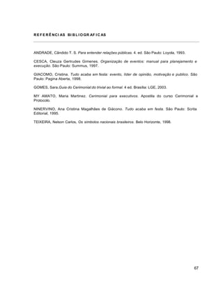 67
R E F E R Ê NCI AS BI B L I O GR AF I C AS
ANDRADE, Cândido T. S. Para entender relações públicas. 4. ed. São Paulo: Loyola, 1993.
CESCA, Cleuza Gertrudes Gimenes. Organização de eventos: manual para planejamento e
execução. São Paulo: Summus, 1997.
GIACOMO, Cristina. Tudo acaba em festa: evento, líder de opinião, motivação e publico. São
Paulo: Pagina Aberta, 1998.
GOMES, Sara,Guia do Cerimonial:do trivial ao formal. 4 ed. Brasília: LGE, 2003.
MY AMATO, Maria Martinez. Cerimonial para executivos. Apostila do curso Cerimonial e
Protocolo.
NINERVINO, Ana Cristina Magalhães de Giácono. Tudo acaba em festa. São Paulo: Scrita
Editorial, 1995.
TEIXEIRA, Nelson Carlos, Os símbolos nacionais brasileiros. Belo Horizonte, 1998.
 